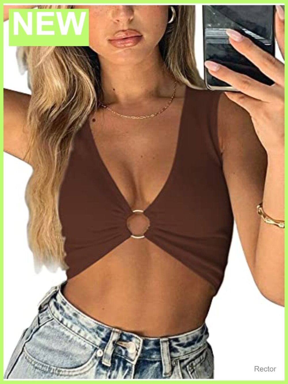 Womens Sexy Deep V Neck O-Ring Sleeveless Crop Tank Top Polyester Spandex